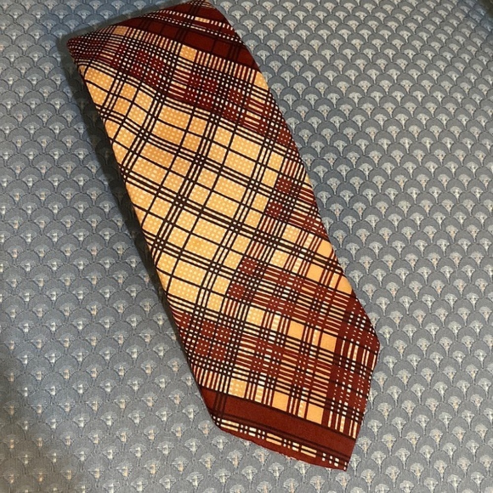 Yves Saint Laurent YSL Silk Plaid Tie Brown Gold Burgundy Vintage